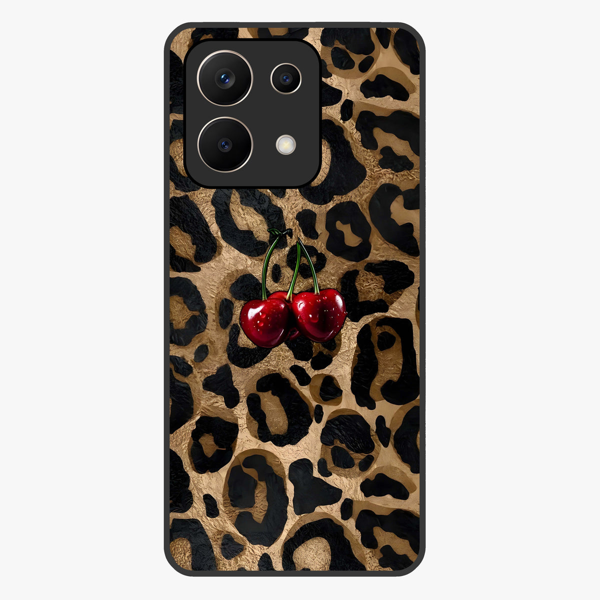 Leopard Wild Cherry Glass Case showing flat back view with leopard pattern and cherry artwork and glossy glass finish.