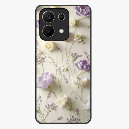 Lilac Breeze Harmony Glass Case showing flat back view with soft lilac themed artwork and glossy glass finish.