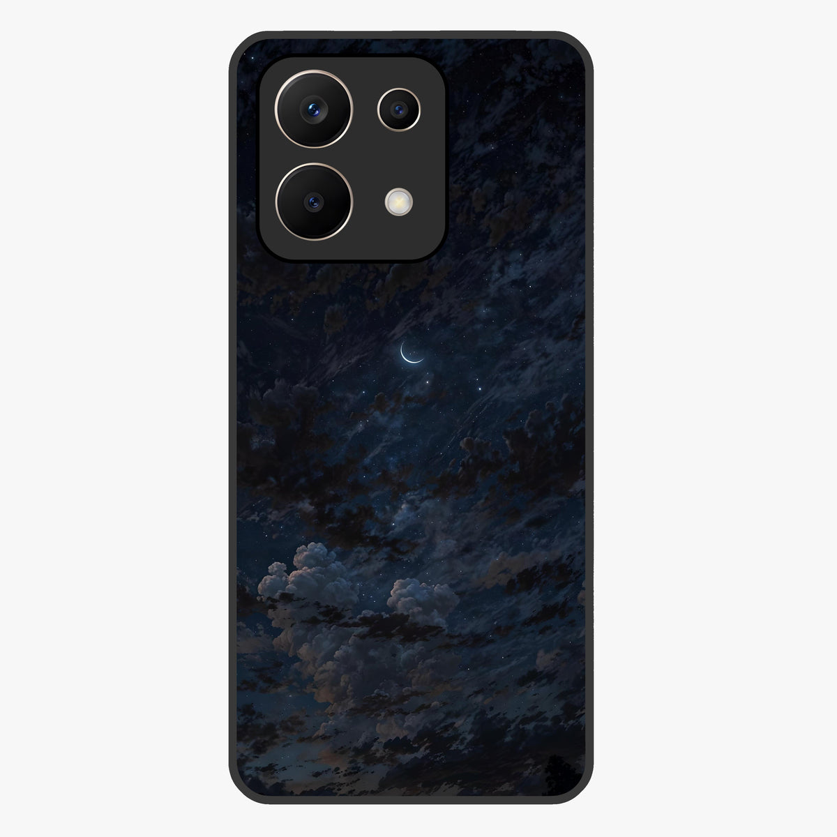 Lunar Veil Silence Glass Case showing flat back view with mystical moon veil artwork and glossy glass finish.