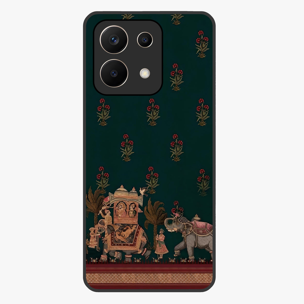 Macmerise Glass Case showing flat back view with stylish modern artwork and glossy glass finish.