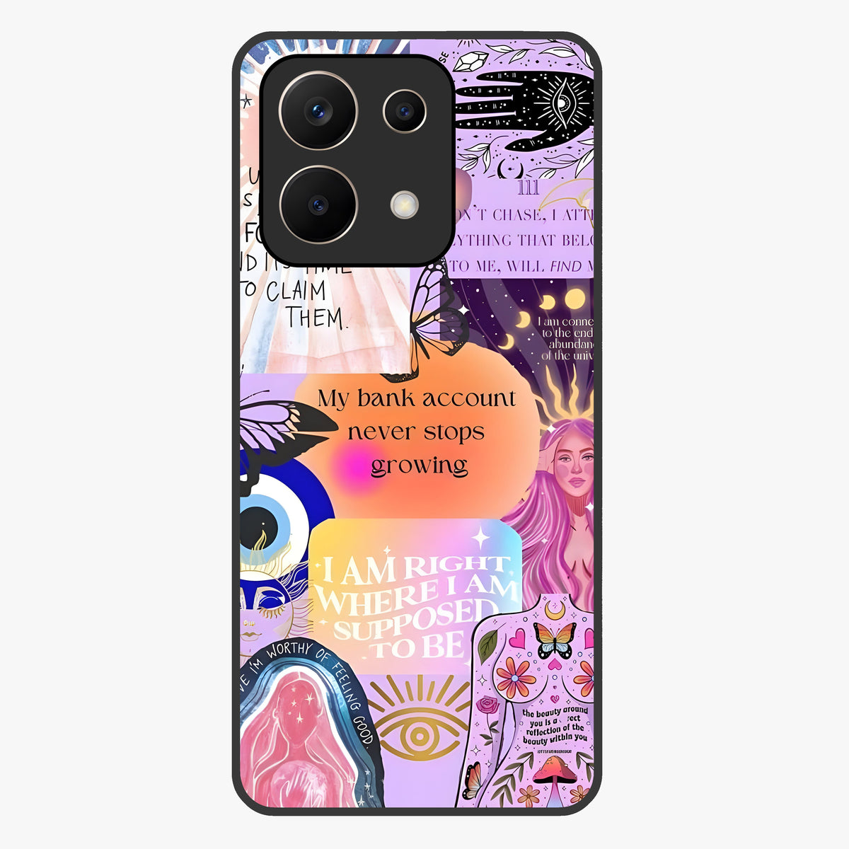 Manifestation Collage Glass Case showing flat back view with motivational collage artwork and glossy glass finish.