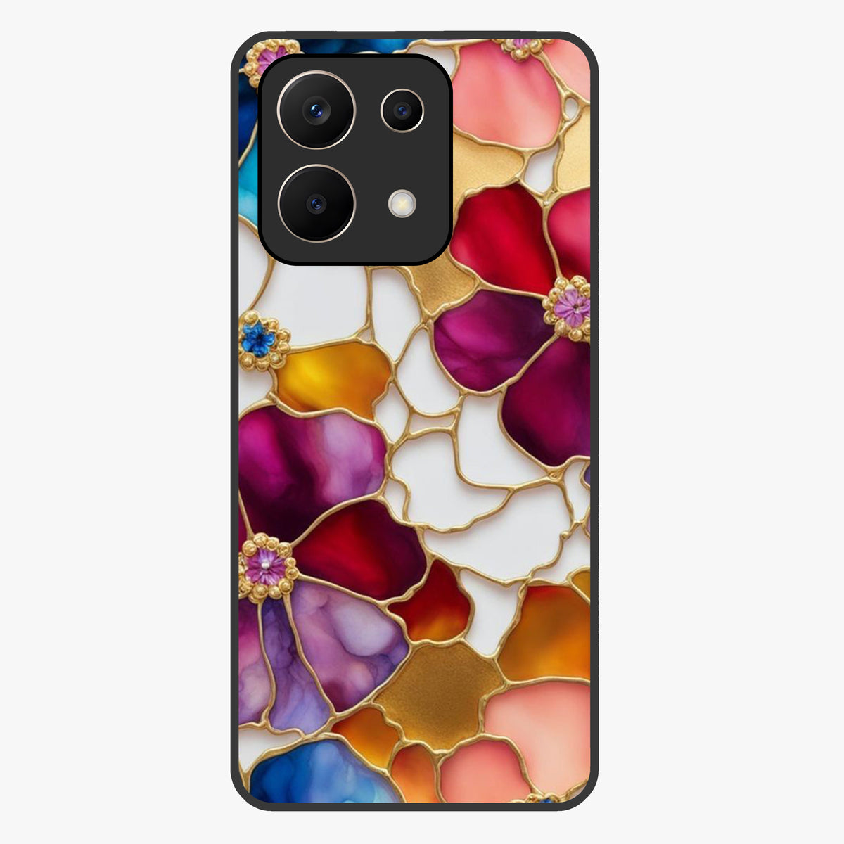 Marble Flower Pattern Glass Case showing flat back view with marble texture floral artwork and glossy glass finish.