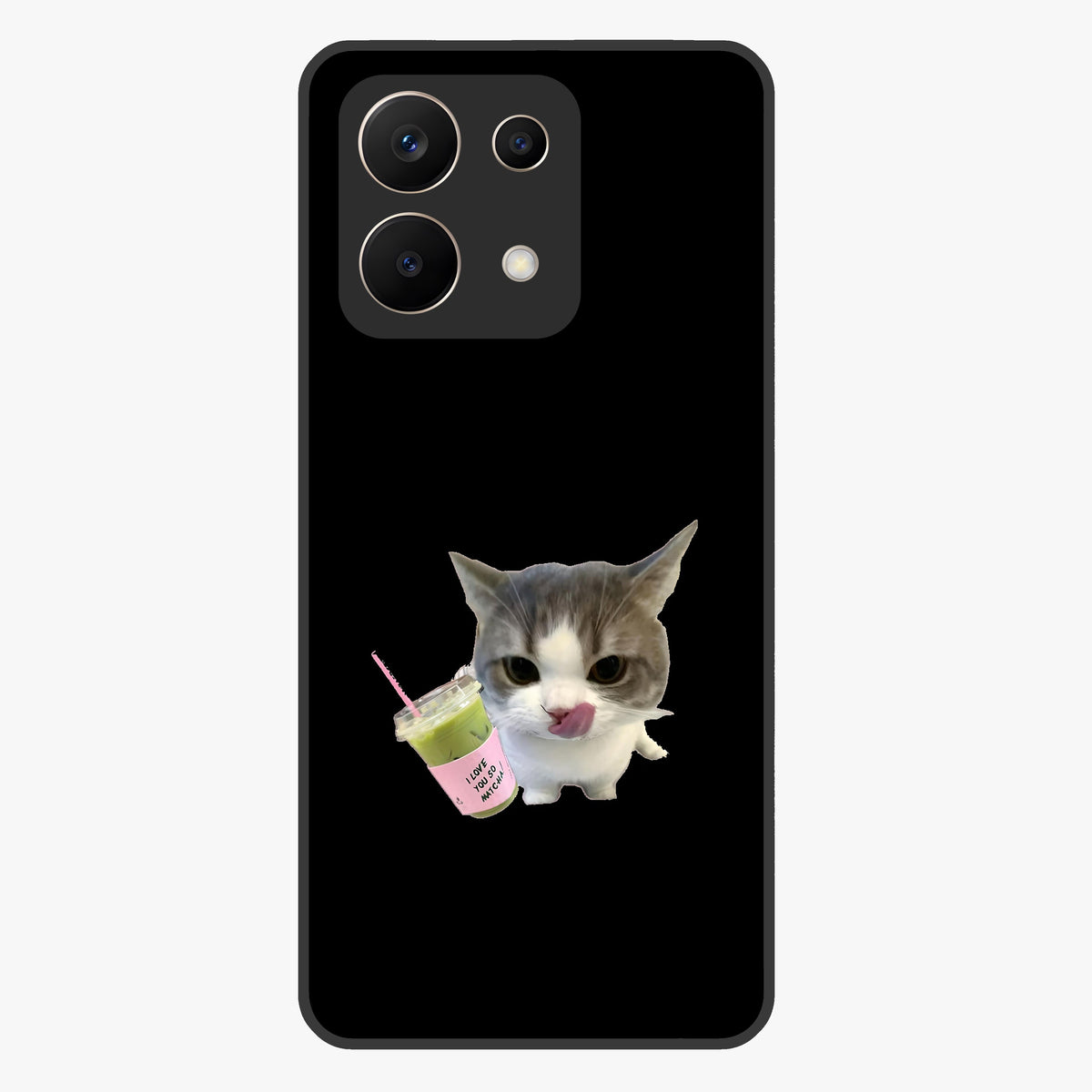 Matcha Cat Style Glass Case showing flat back view with cute matcha themed cat artwork and glossy glass finish.