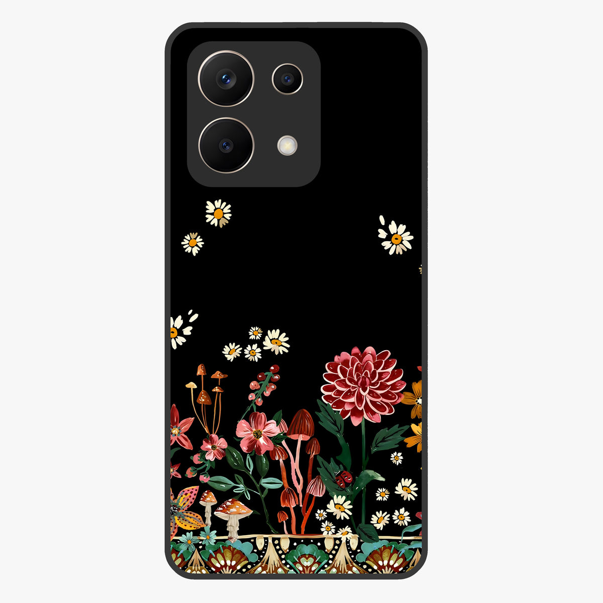 Midnight Bloom Pattern Glass Case showing flat back view with dark floral pattern artwork and glossy glass finish.