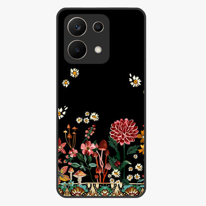 Midnight Bloom Pattern Glass Case showing flat back view with dark floral pattern artwork and glossy glass finish.