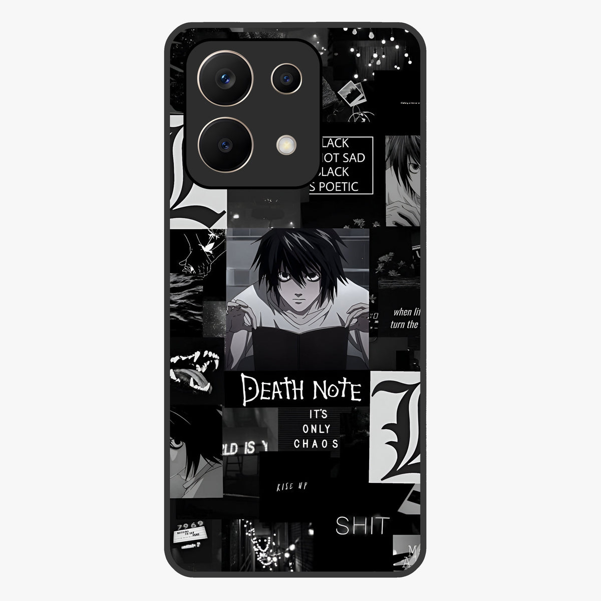 Midnight Chaos Mind Glass Case showing flat back view with abstract dark themed artwork and glossy glass finish.