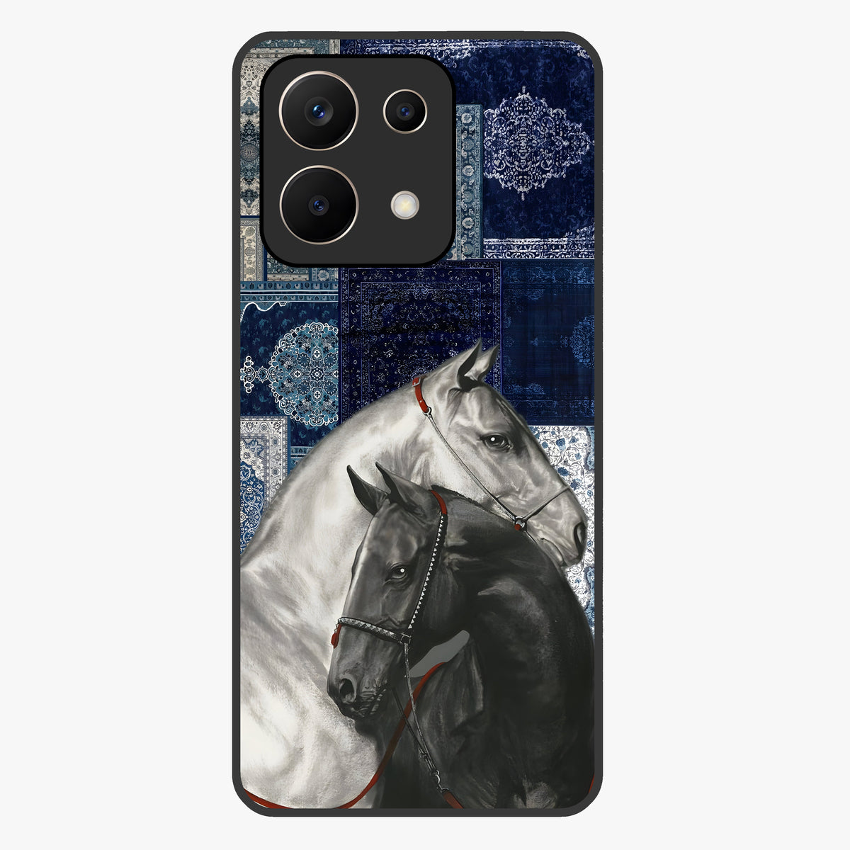 Midnight Stallion Blues Glass Case showing flat back view with majestic horse artwork and glossy glass finish.