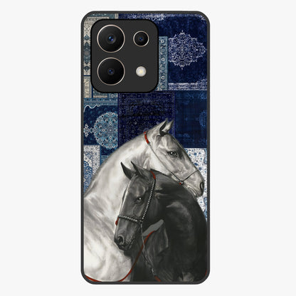 Midnight Stallion Blues Glass Case showing flat back view with majestic horse artwork and glossy glass finish.