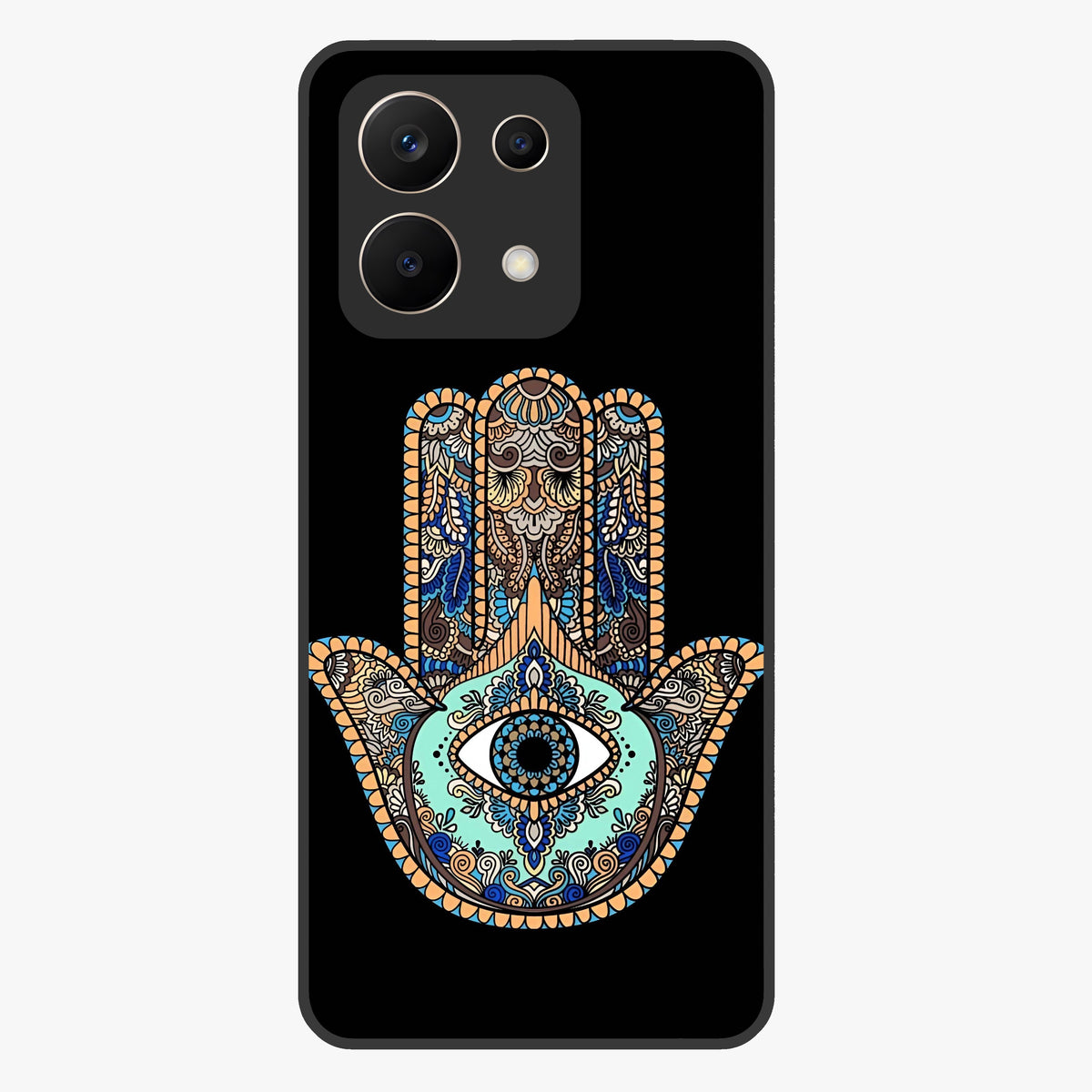 Mystic Hamsa Eye Glass Case showing flat back view with protective hamsa hand and evil eye artwork and glossy glass finish.
