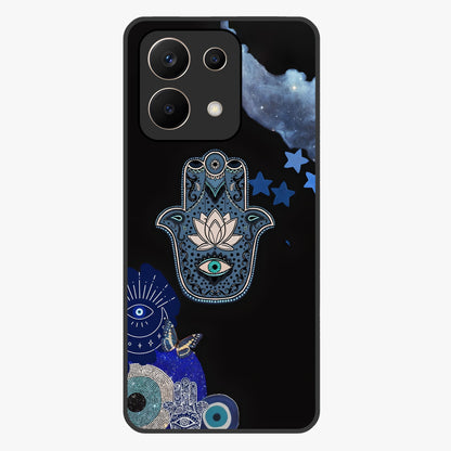 Mystic Hand Aura Glass Case showing flat back view with mystical hand symbol artwork and glossy glass finish.