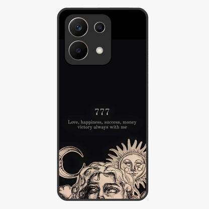 Mystic Victory Aura Glass Case showing flat back view with victory symbol artwork and glossy glass finish.