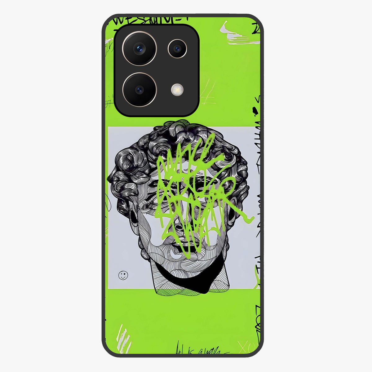 Neo Graffiti Rebellion Glass Case showing flat back view with vibrant graffiti artwork and glossy glass finish.