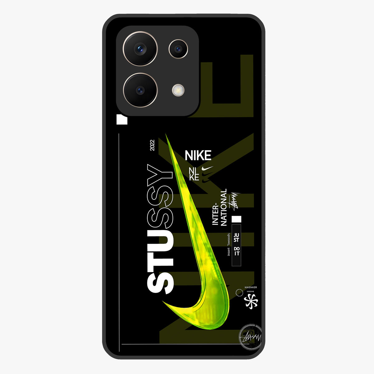 Neon Street Edition Glass Case showing flat back view with neon street style artwork and glossy glass finish.
