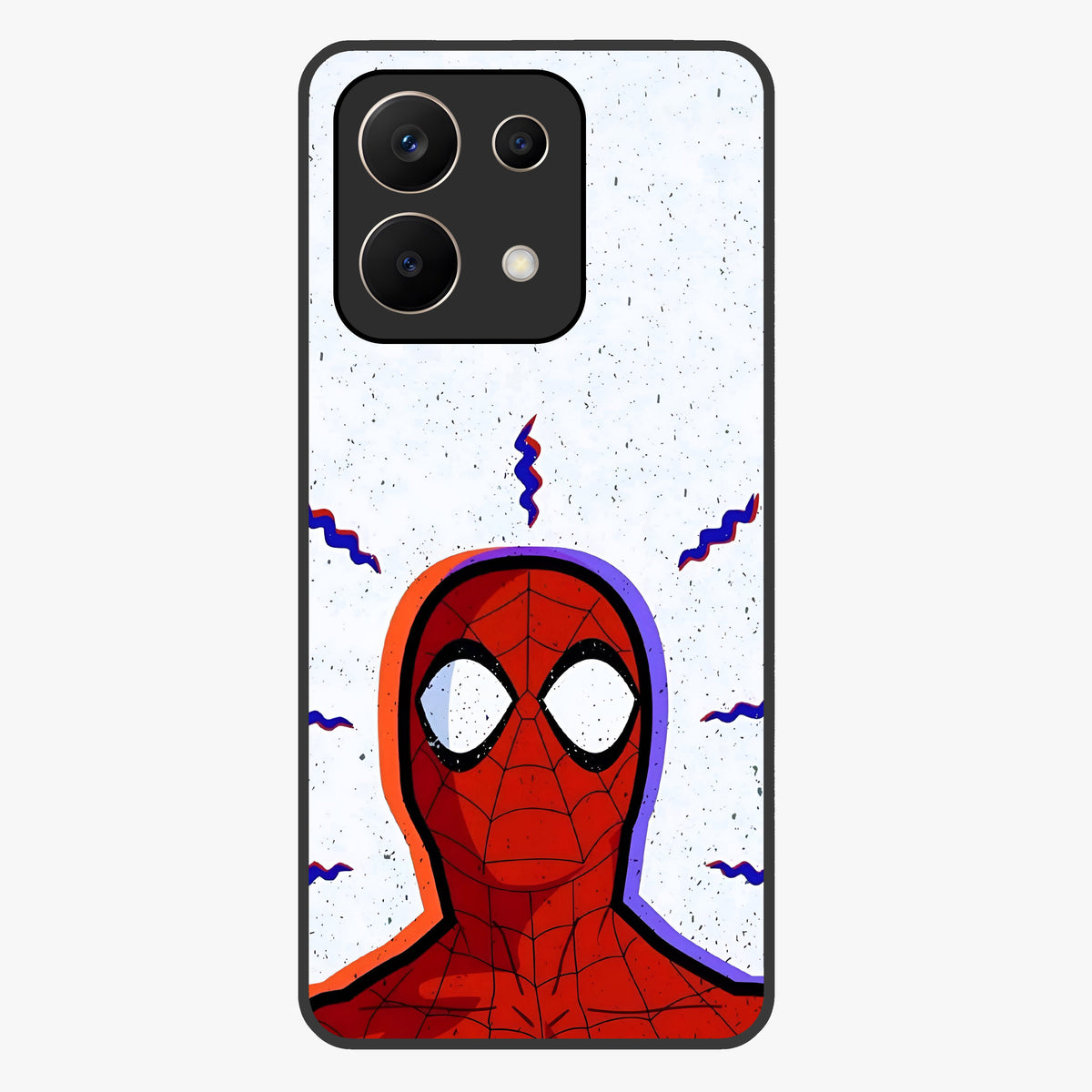 Omg Spiderman Glass Case showing flat back view with bold superhero inspired artwork and glossy glass finish.