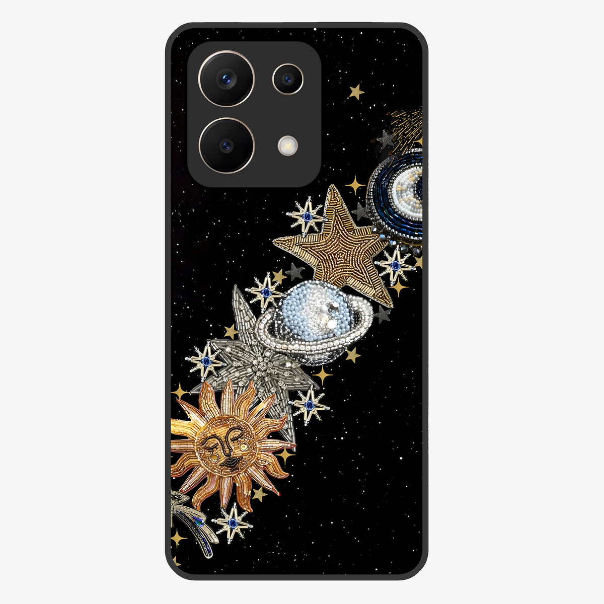 Pearls Universe Object Glass Case showing flat back view with pearl inspired cosmic artwork and glossy glass finish.