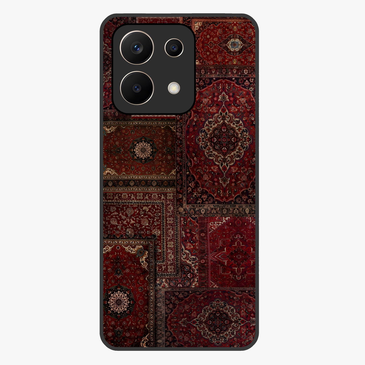 Persian Velvet Tale Glass Case showing flat back view with luxurious Persian velvet pattern artwork and glossy glass finish.