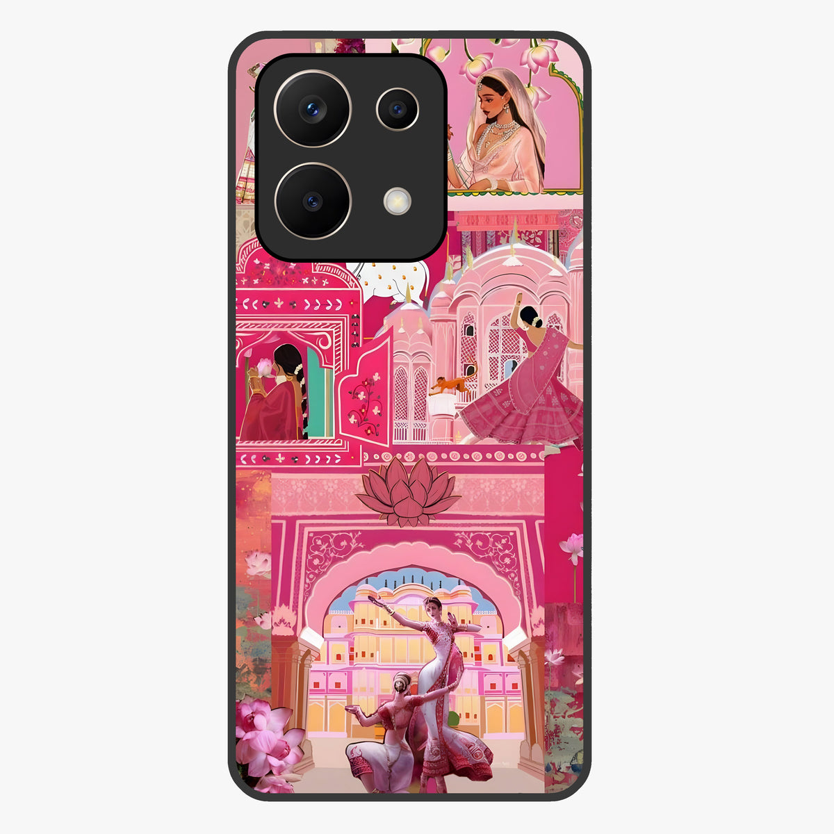 Pink Palace Muse Glass Case showing flat back view with elegant palace inspired artwork and glossy glass finish.