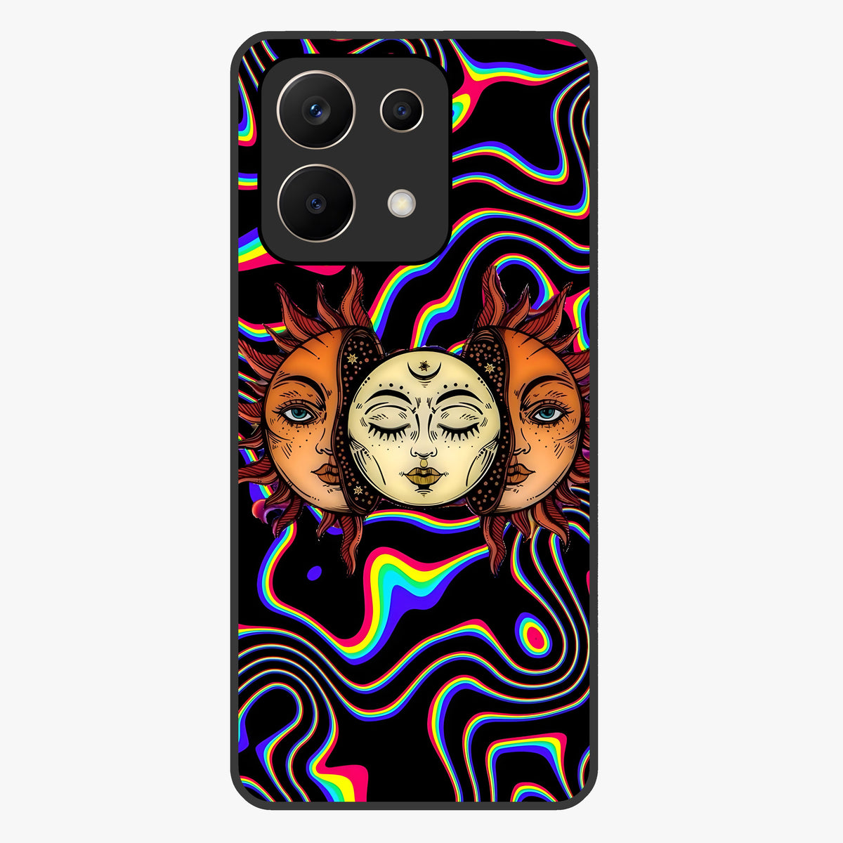 Psychedelic Sun Glass Case showing flat back view with colorful psychedelic sun artwork and glossy glass finish.
