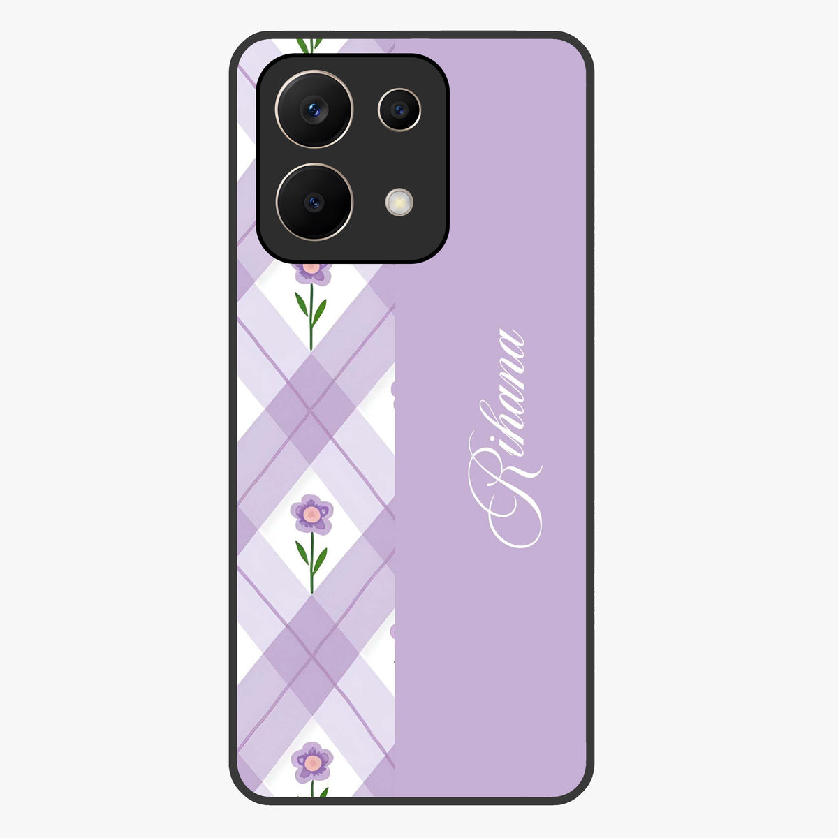 Purple Diamond Floral Glass Case showing flat back view with diamond shaped floral artwork and glossy glass finish.