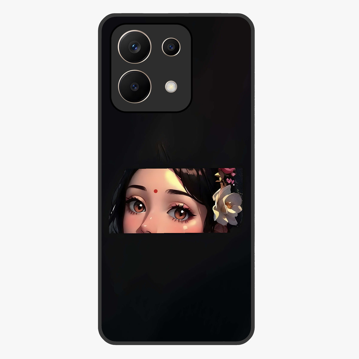 Radha Divine Embrace Glass Case showing flat back view with devotional Radha artwork and glossy glass finish.