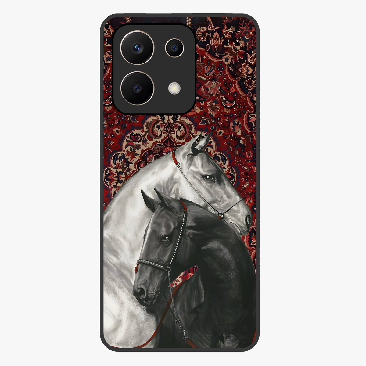 Regal Stallion Tapestry Glass Case showing flat back view with majestic horse tapestry artwork and glossy glass finish.