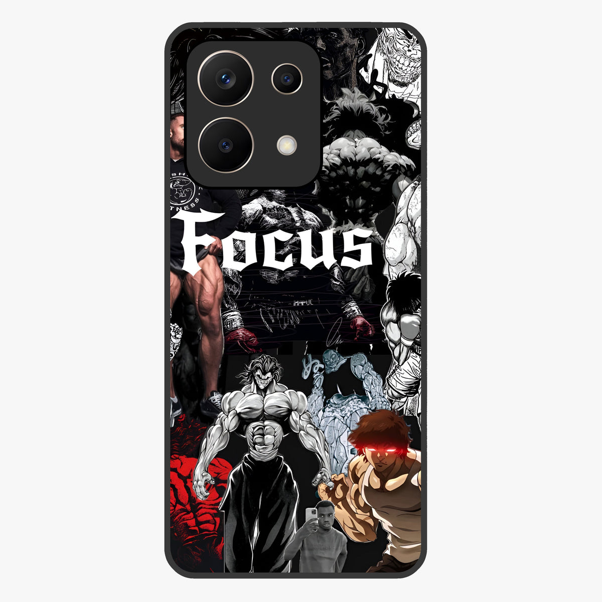 Relentless Power Focus Glass Case showing flat back view with motivational typography artwork and glossy glass finish.