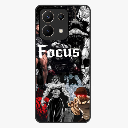 Relentless Power Focus Glass Case showing flat back view with motivational typography artwork and glossy glass finish.