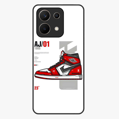 Retro Sneaker Blueprint Glass Case showing flat back view with sneaker blueprint style artwork and glossy glass finish.