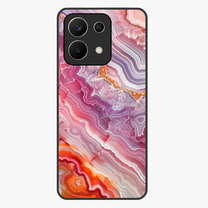 Rose Quartz Marble Glass Case showing flat back view with pink marble quartz texture artwork and glossy glass finish.