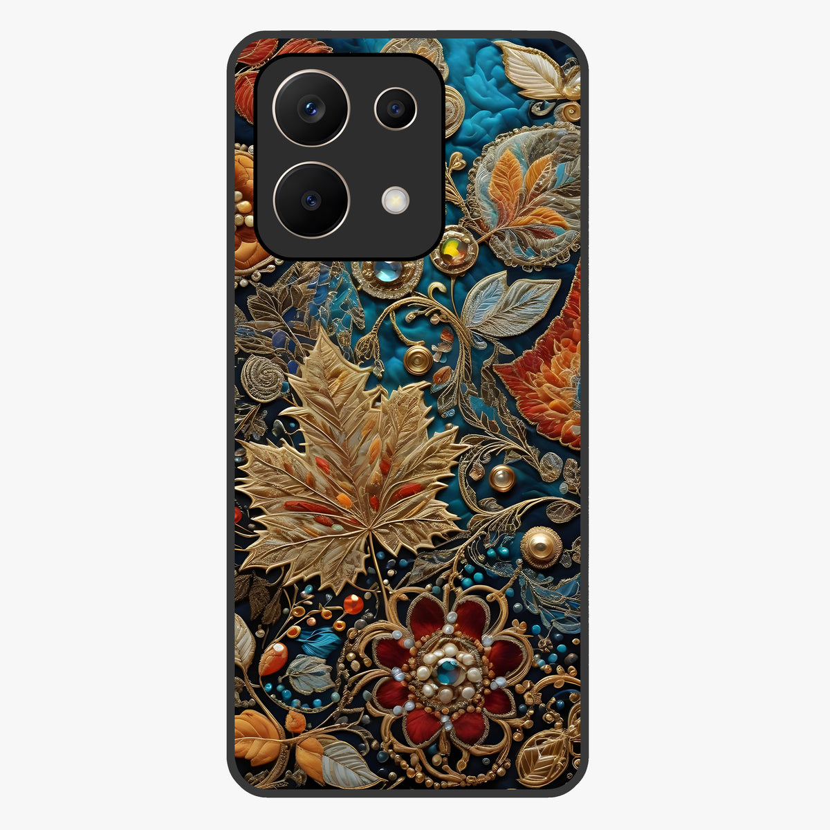 Royal Jewel Garden Glass Case showing flat back view with decorative floral garden artwork and glossy glass finish.