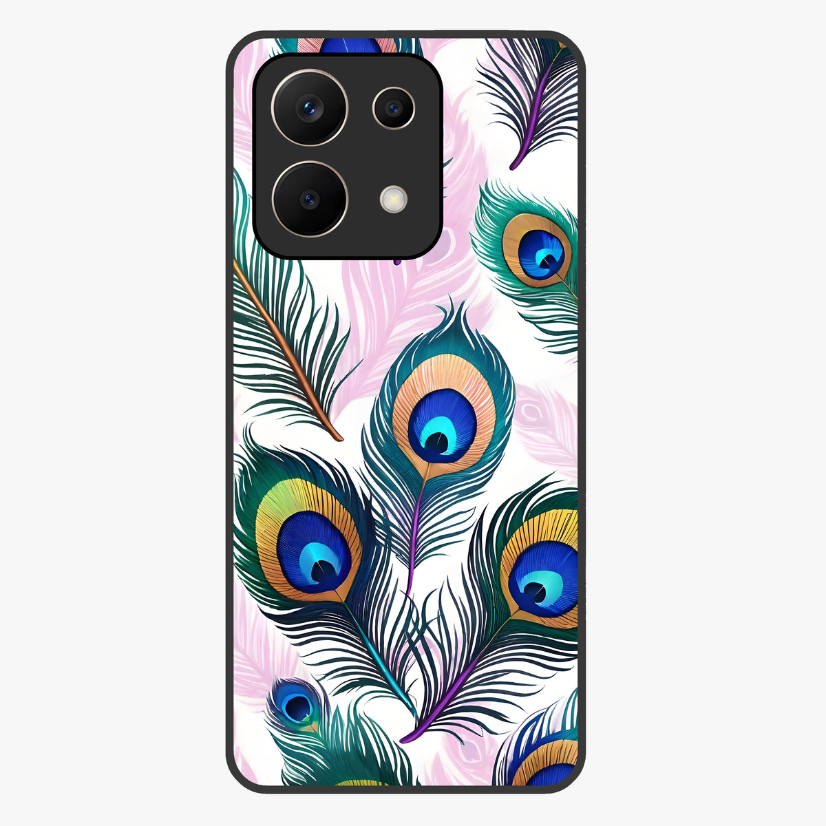 Royal Peacock Feathers Glass Case showing flat back view with colorful peacock feather artwork and glossy glass finish.