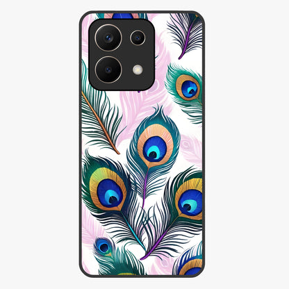 Royal Peacock Feathers Glass Case showing flat back view with colorful peacock feather artwork and glossy glass finish.