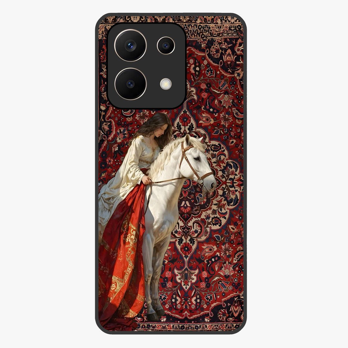 Royal Rider Tapestry Glass Case showing flat back view with majestic horse rider tapestry artwork and glossy glass finish.