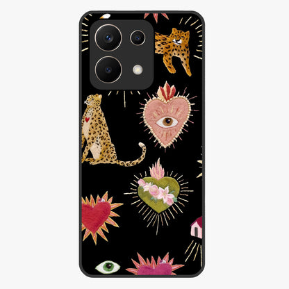 Sacred Jungle Heart Glass Case showing flat back view with jungle inspired heart artwork and glossy glass finish.