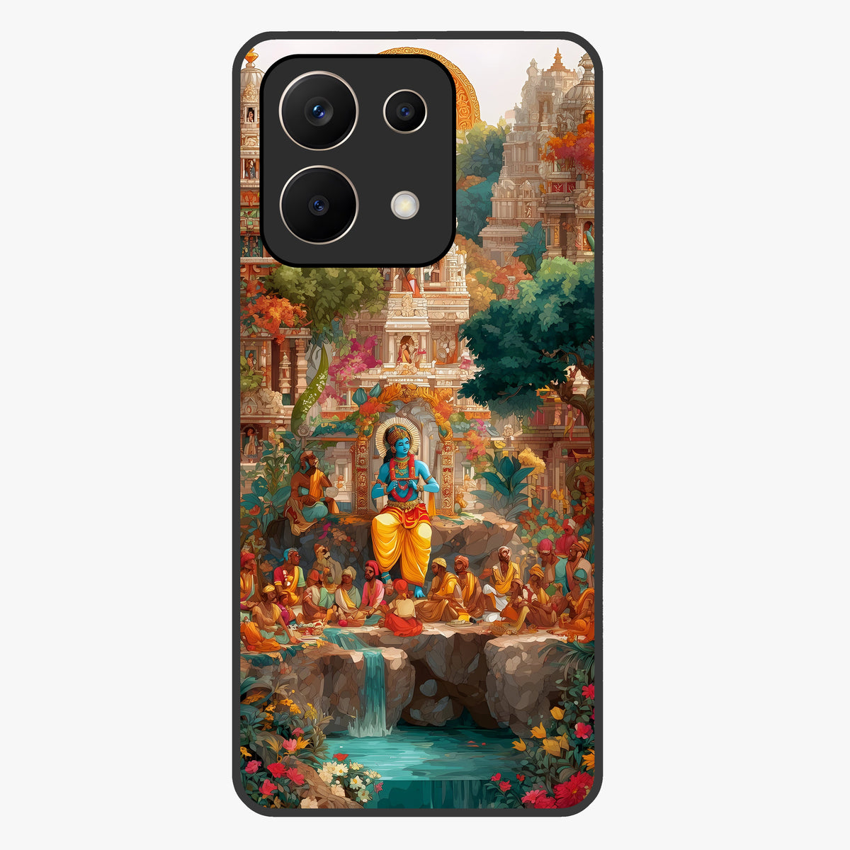 Sacred Sunlight Gods Glass Case showing flat back view with divine sunlight themed artwork and glossy glass finish.
