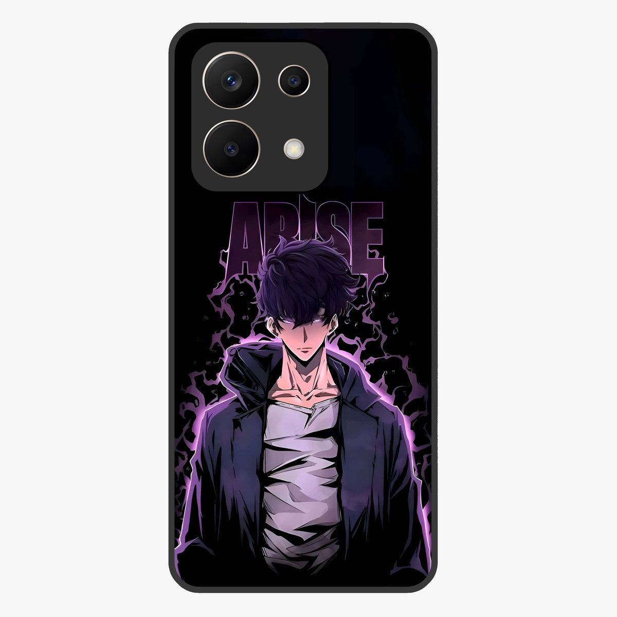 Shadow Monarch Awakening Glass Case showing flat back view with powerful dark monarch themed artwork and glossy glass finish.