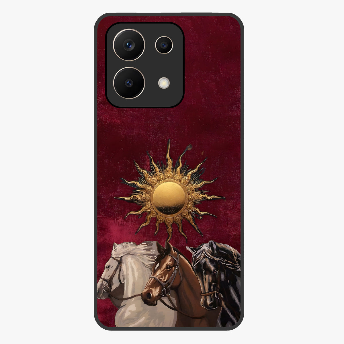 Solar Riders Glass Case showing flat back view with dynamic rider themed artwork and glossy glass finish.