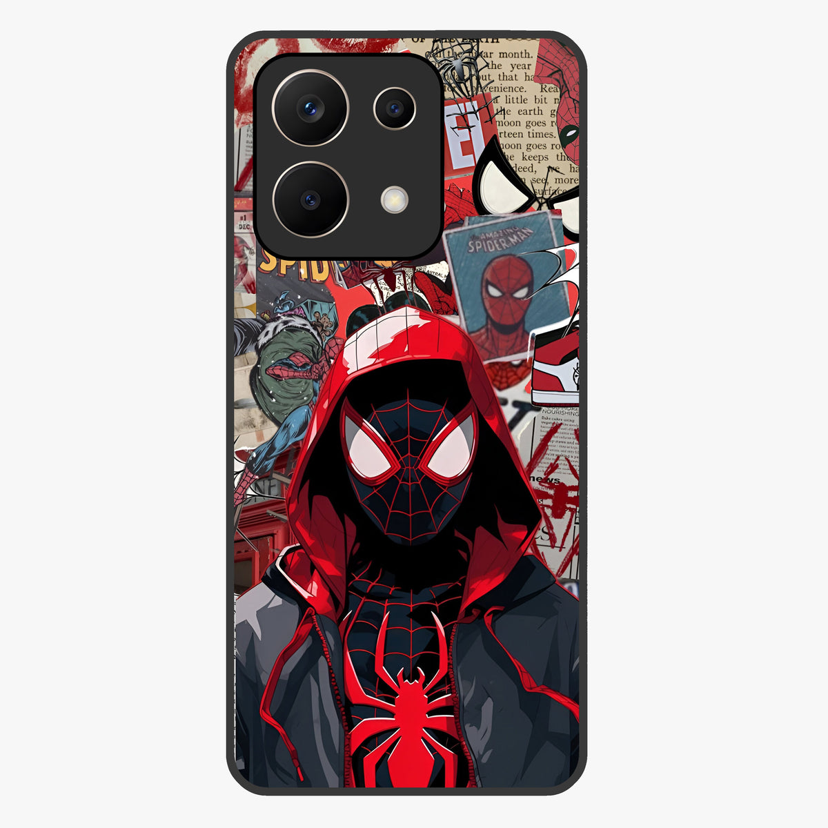 Spider Collage Street Glass Case showing flat back view with vibrant superhero collage artwork and glossy glass finish.