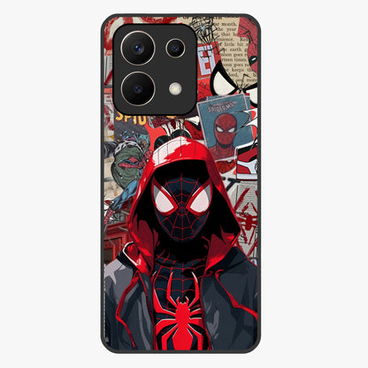 Spider Collage Street Glass Case showing flat back view with vibrant superhero collage artwork and glossy glass finish.