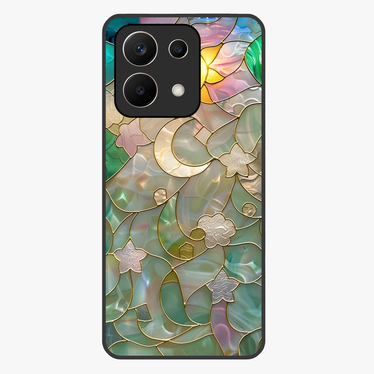 Stained Sunrise Glow Glass Case showing flat back view with glowing sunrise stained pattern artwork and glossy glass finish.