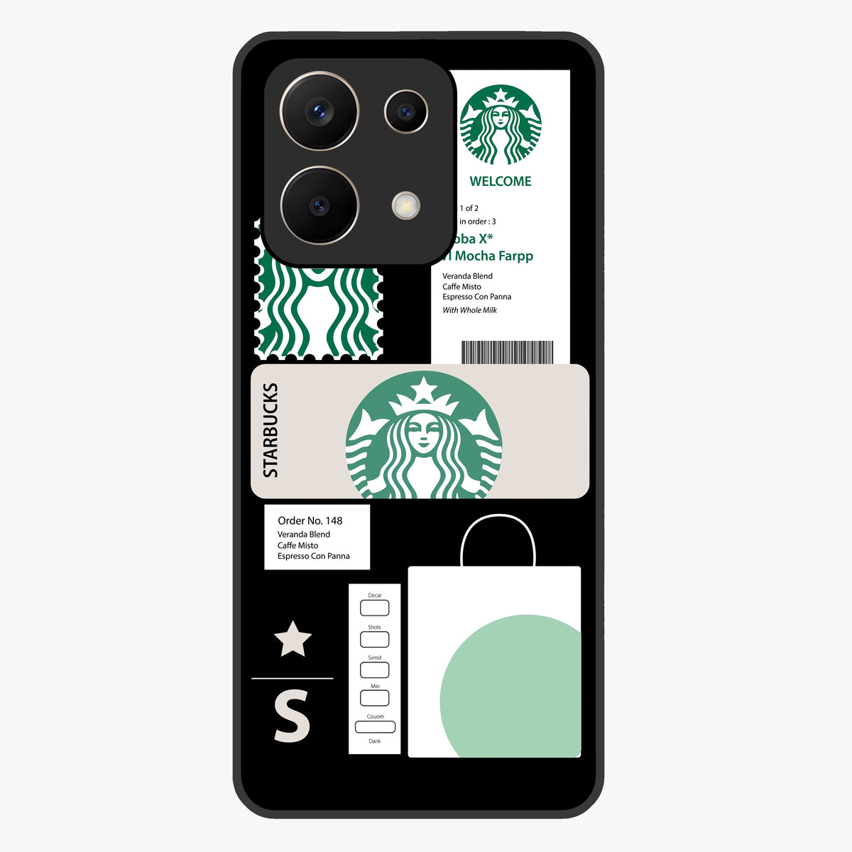 Starbucks Mocha Glass Case showing flat back view with coffee inspired artwork and glossy glass finish.