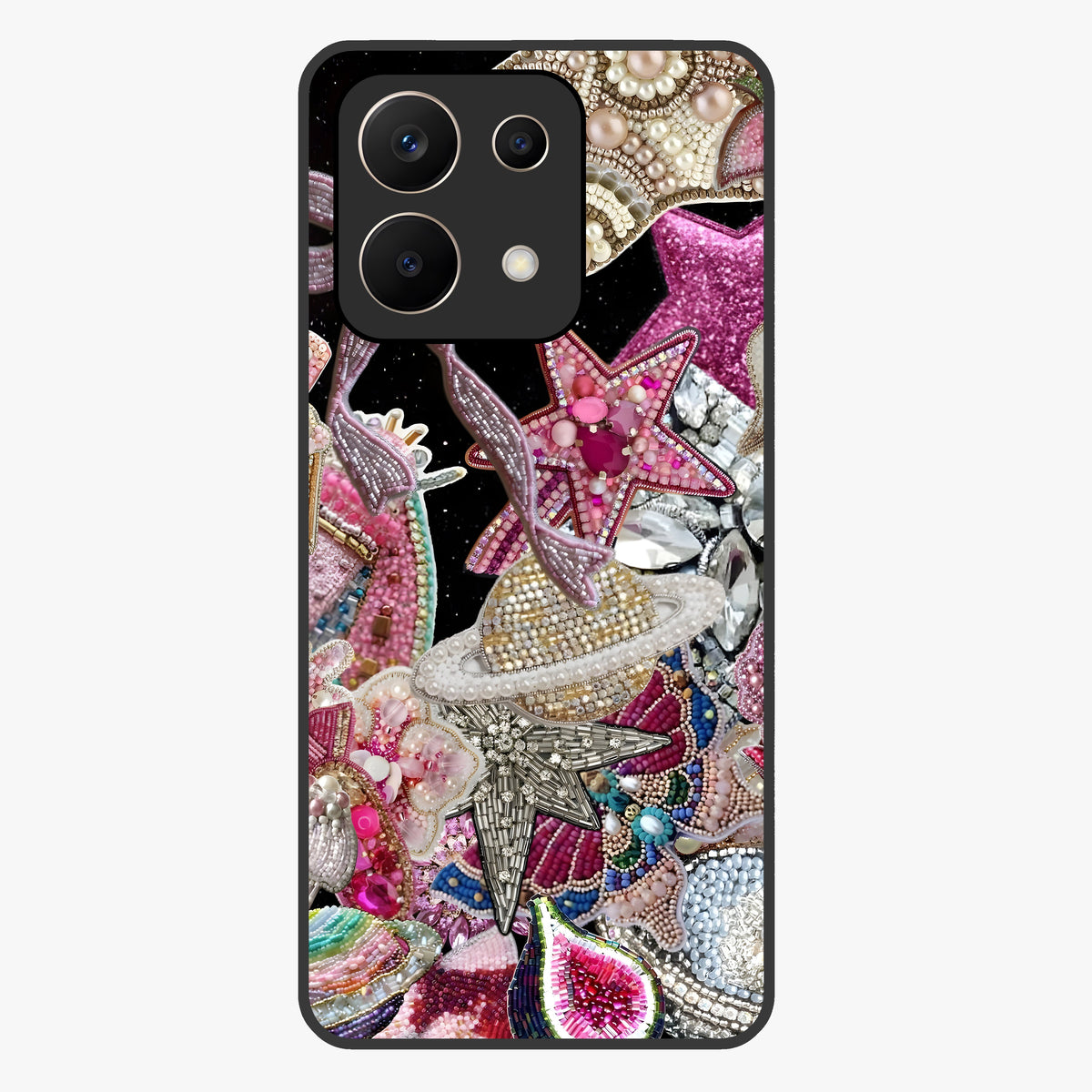 Starlit Jewel Dream Glass Case showing flat back view with sparkling jewel and star themed artwork and glossy glass finish.