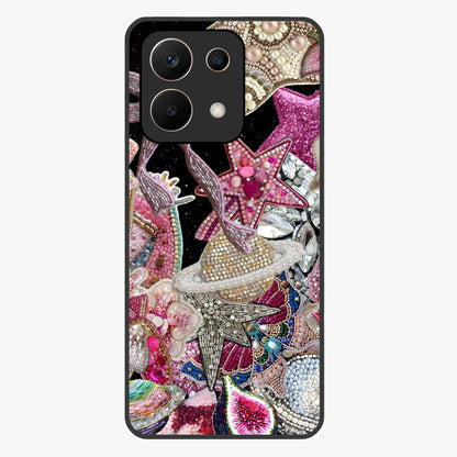Starlit Jewel Dream Glass Case showing flat back view with sparkling jewel and star themed artwork and glossy glass finish.