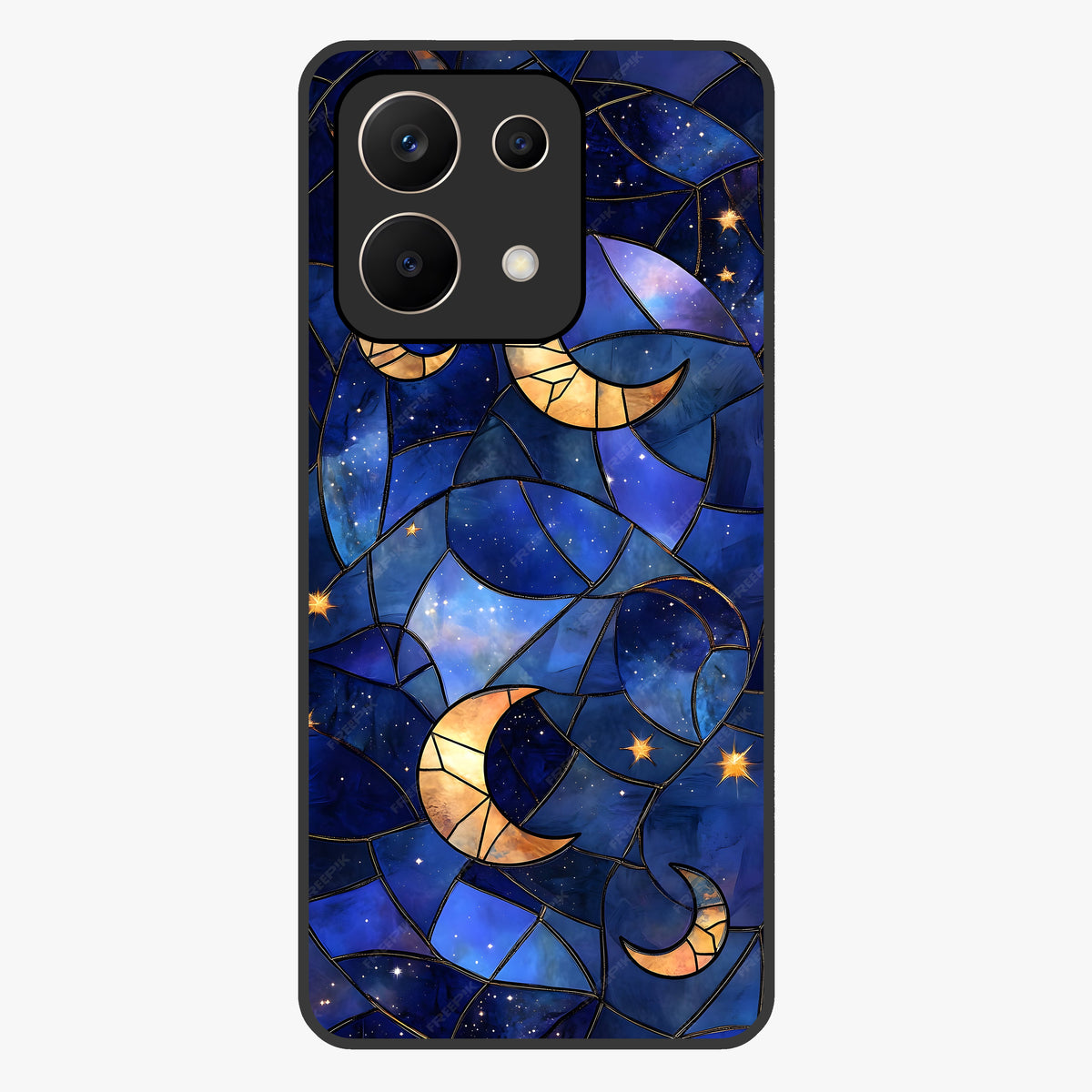 Starlit Sky Tapestry Glass Case showing flat back view with decorative starry sky tapestry artwork and glossy glass finish.