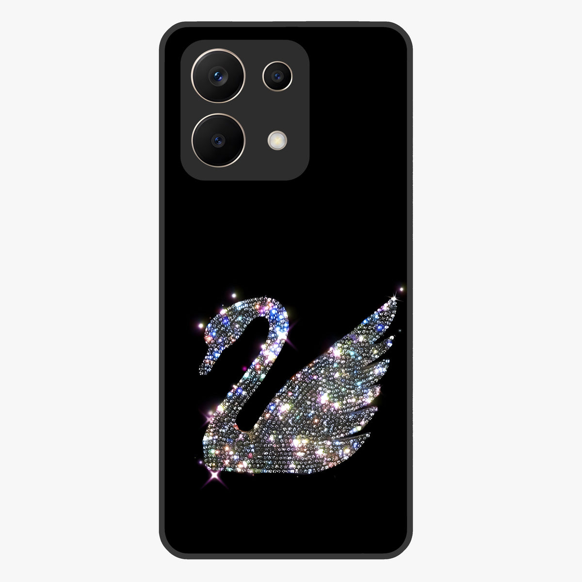 Starlit Swan Grace Glass Case showing flat back view with graceful swan artwork under starry sky and glossy glass finish.