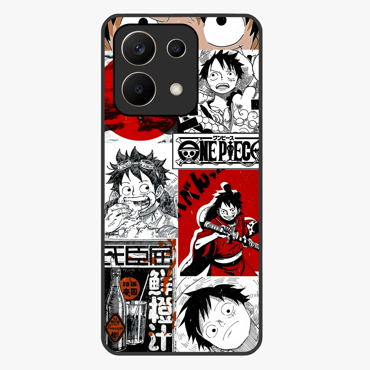 Strawhat Chaos Panels Glass Case showing flat back view with anime inspired chaos panel artwork and glossy glass finish.