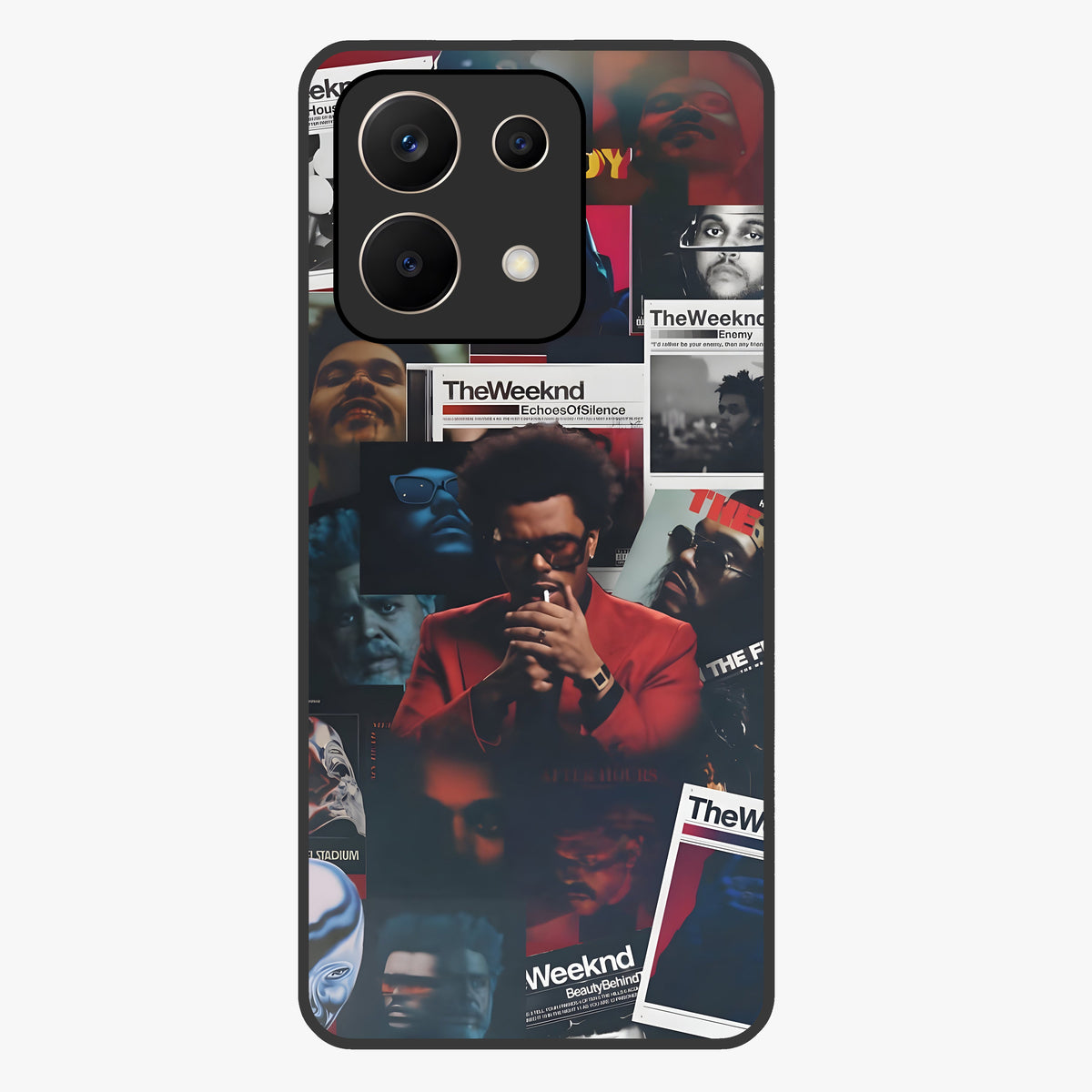 The Weeknd Glass Case showing flat back view with music inspired artistic portrait artwork and glossy glass finish.