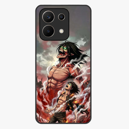 Titan Awakening Fury Glass Case showing flat back view with powerful titan inspired artwork and glossy glass finish.