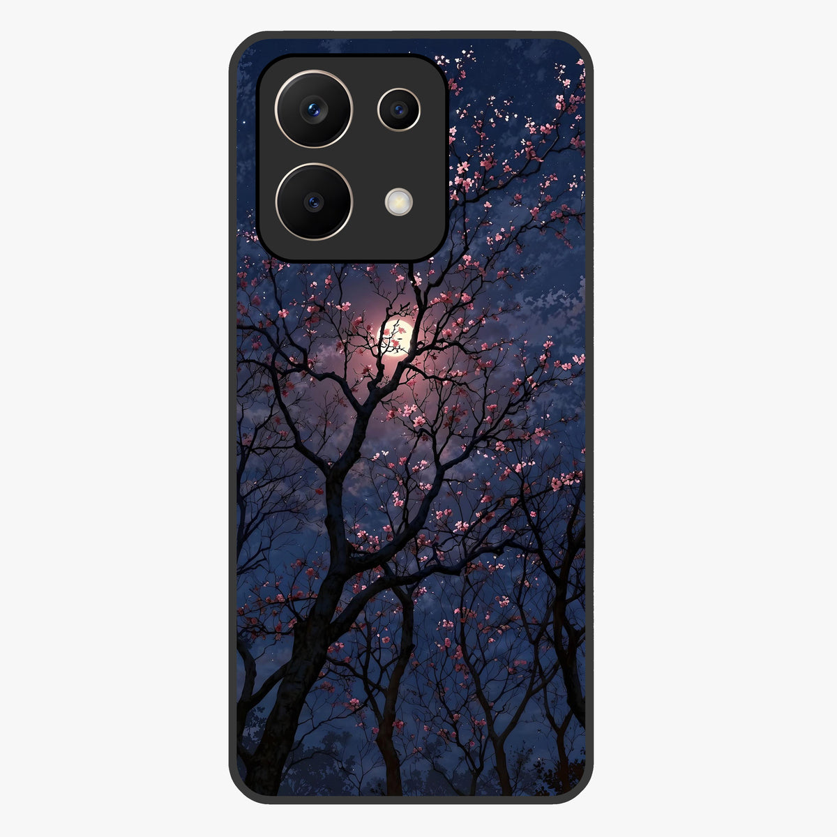 Twilight Sakura Serenade Glass Case showing flat back view with cherry blossom artwork at twilight and glossy glass finish.