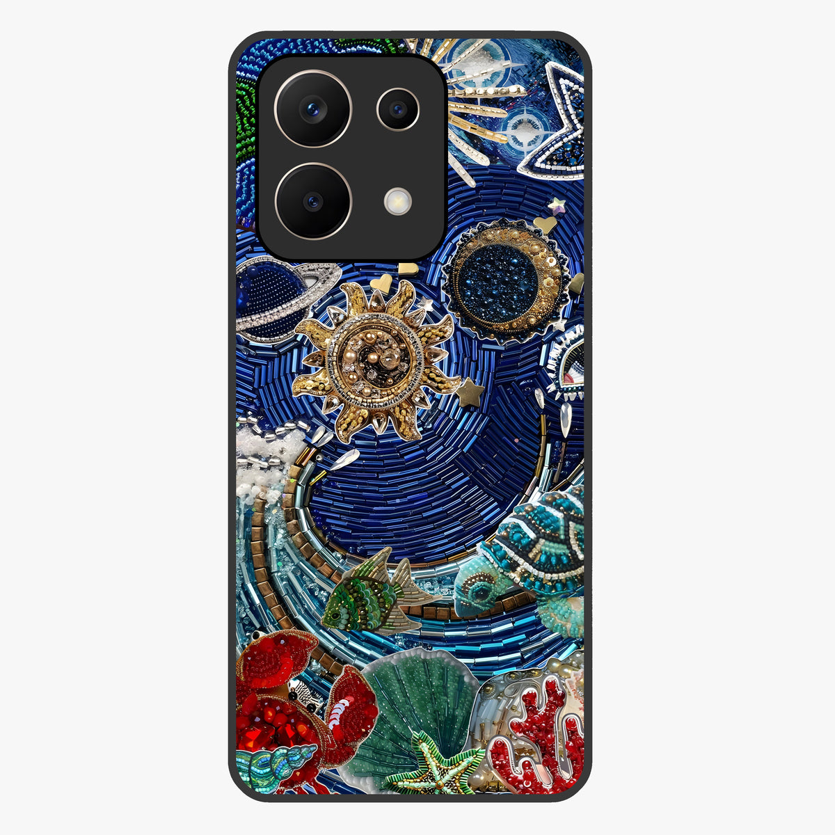 Universe Underwater Spark Glass Case showing flat back view with cosmic underwater themed artwork and glossy glass finish.